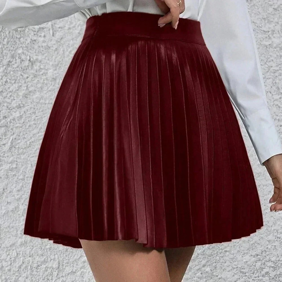 Burgundy Casual Women's High Waist Pleated Faux Leather Mini Skirt - Picture 4 of 6